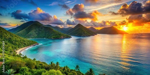 Vibrant sunrise over lush mountains and turquoise waters in Tortola, Tortola, British Virgin Islands, Caribbean, landscape
