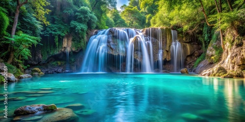 Tranquil waterfall cascading into crystal clear turquoise pool, tropical, serene, nature, scenic, water, flow, cascade
