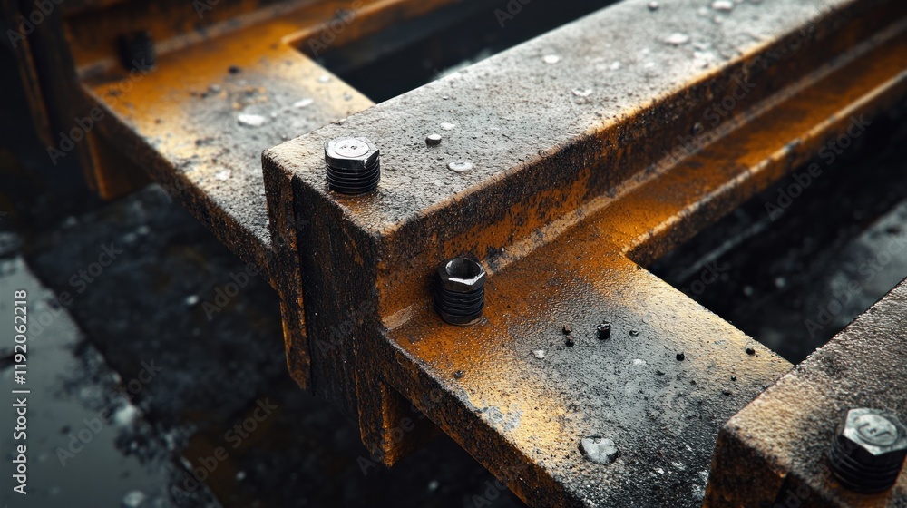 Close-up view of a weathered and bolted metal frame with visible water droplets Close-up view of a weathered and bolted metal frame with visible water droplets