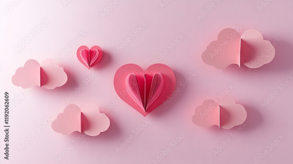 Paper cut art style floating hearts, layered pink cloud shapes, romantic valentine design, soft pastel pink background, floating folded heart elements, minimalist typography, clean geometric paper Paper cut art style floating hearts, layered pink cloud shapes, romantic valentine design, soft pastel pink background, floating folded heart elements, minimalist typography, clean geometric paper
