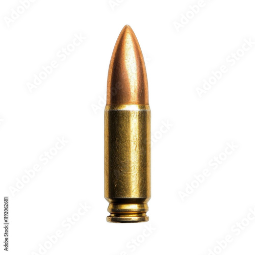 Realistic 9mm bullet isolated on transparent or white background. Assault rifle cartridge.