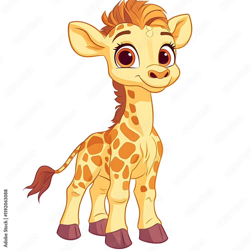 Obraz premium Cute baby giraffe, African savanna background, children's book illustration