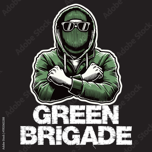 illustration vector graphic of Green Brigade Football fans ultras hooligan wear green jacket with green white scarf design for logo, t-shirt, etc
