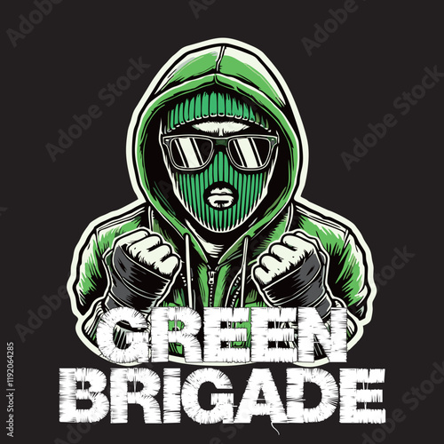 illustration vector graphic of Green Brigade Football fans ultras hooligan wear green jacket with green white scarf design for logo, t-shirt, etc
