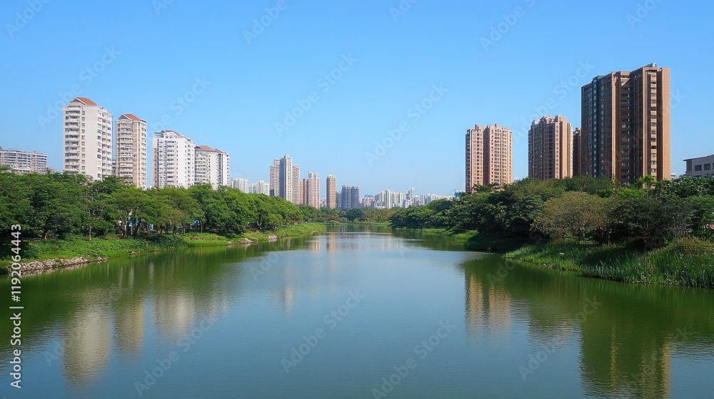 A tranquil river running alongside a modern city skyline. A tranquil river running alongside a modern city skyline.