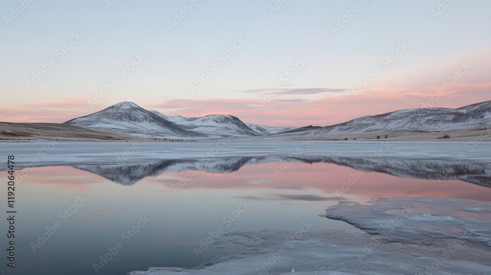 A tranquil view of a snow-dusted frozen lake reflecting the pale winter sky. A tranquil view of a snow-dusted frozen lake reflecting the pale winter sky.