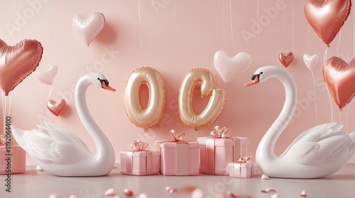 golden inflatable lettering, elegant white swan figures, pink wrapped presents, floating heart elements, silky ribbon details, premium 3d modeling, romantic valentine theme, soft pink environment, photo