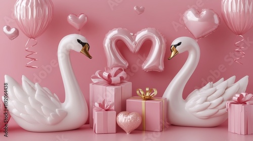Fototapeta Naklejka Na Ścianę i Meble -  golden inflatable lettering, elegant white swan figures, pink wrapped presents, floating heart elements, silky ribbon details, premium 3d modeling, romantic valentine theme, soft pink environment,