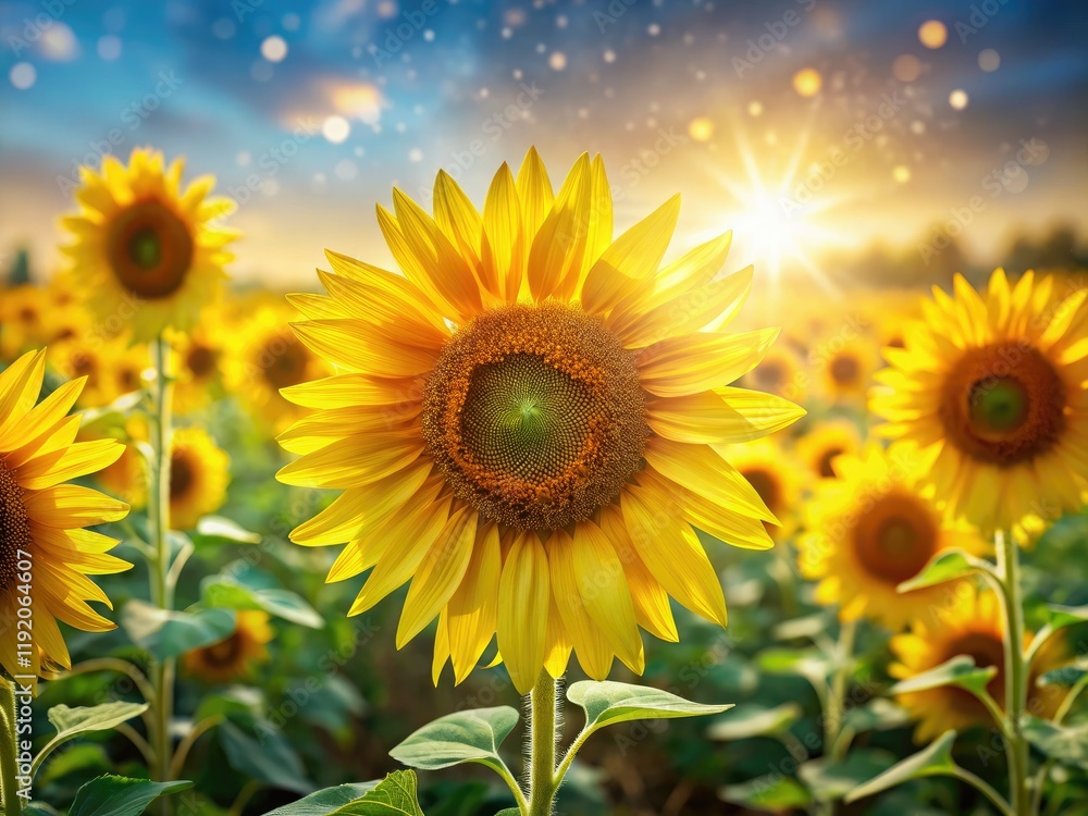 Obraz premium High-resolution photo: a stunning field of blooming sunflowers, deep depth of field captures summer's beauty.