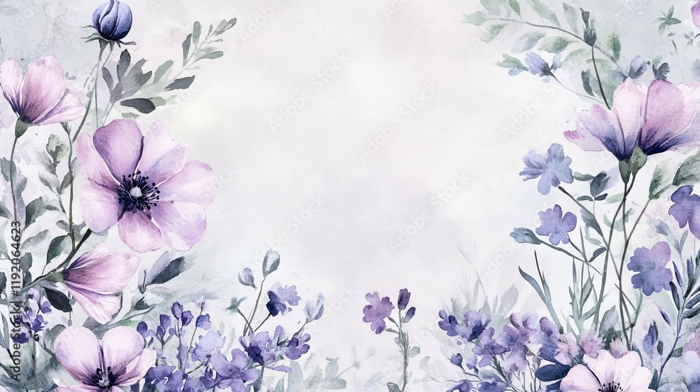 Obraz premium ethereal botanical frame, loose watercolor florals, airy wildflower arrangement, pastel purple and pink blooms, delicate blue buds, light green foliage, romantic garden illustration, soft transparent