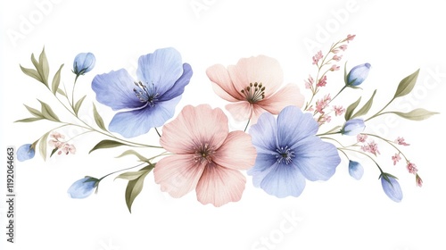 romantic wildflower composition, delicate watercolor technique, soft pastel color palette, flowing botanical elements, light purple and pink petals, gentle blue flower buds, whimsical floral wreath,