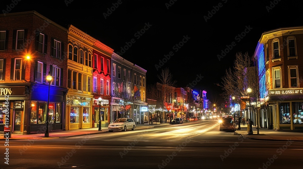 A vibrant downtown illuminated by colorful city lights at night. A vibrant downtown illuminated by colorful city lights at night.