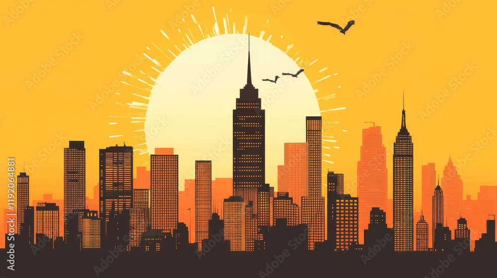 Fototapeta premium A vibrant metropolitan skyline during sunset, with buildings outlined in warm hues.