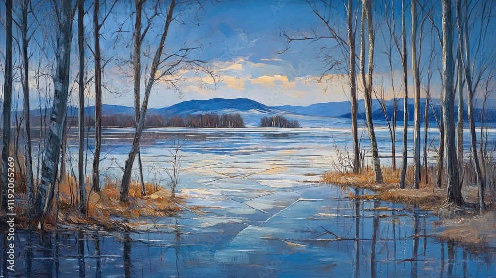 A winter landscape of a frozen lake surrounded by leafless trees and distant hills. A winter landscape of a frozen lake surrounded by leafless trees and distant hills.