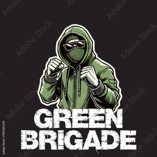 illustration vector graphic of Green Brigade Football fans ultras hooligan wear green jacket with green white scarf design for logo, t-shirt, etc
