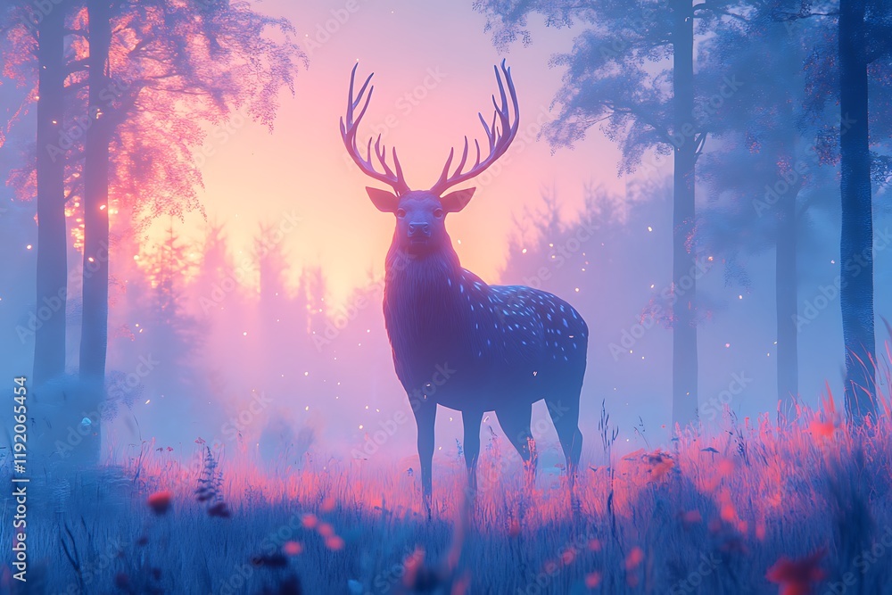 Fototapeta premium Majestic Stag at Dawn: A Dreamlike Forest Scene