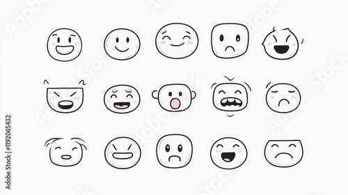 minimal emoji art set, cute cartoon face collection, black outline expressions, kawaii doodle style, simple emotional reactions, playful character faces, gentle line work, clean white space design