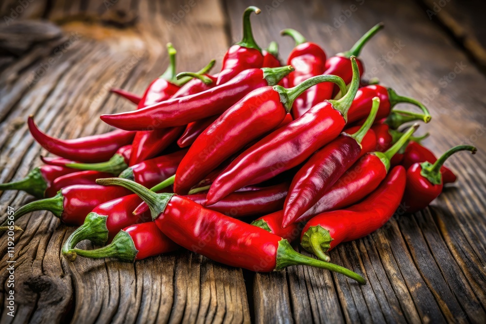 Intense red chili peppers: a fiery close-up. Wood backdrop enhances their spicy allure. Intense red chili peppers: a fiery close-up. Wood backdrop enhances their spicy allure.