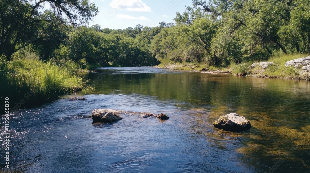 A serene river flows through a lush green forest on a bright sunny day A serene river flows through a lush green forest on a bright sunny day