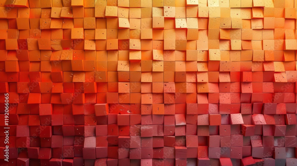 Fototapeta premium A vibrant abstract wall made of colorful cubes in gradient shades from orange to red.