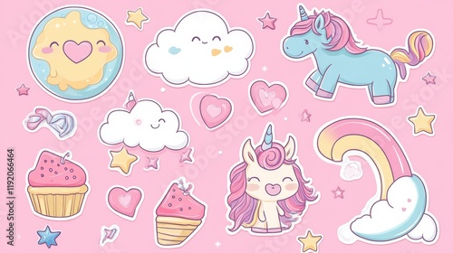 Cute kawaii sticker collection featuring pastel cartoon characters, unicorn pony with rainbow mane, caticorn with heart marking, dreamy moon face, floating lollipop, fluffy clouds with rainbow, photo