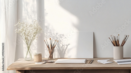 Minimalist artist workspace with flowers and blank canvas. photo