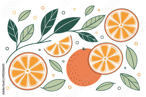 Vibrant orange citrus fruits, Graphic illustration style, Whole oranges and slices, Fresh green leaves, Minimalist design, White background, Scattered arrangement, 2D flat art, Bright and cheerful col