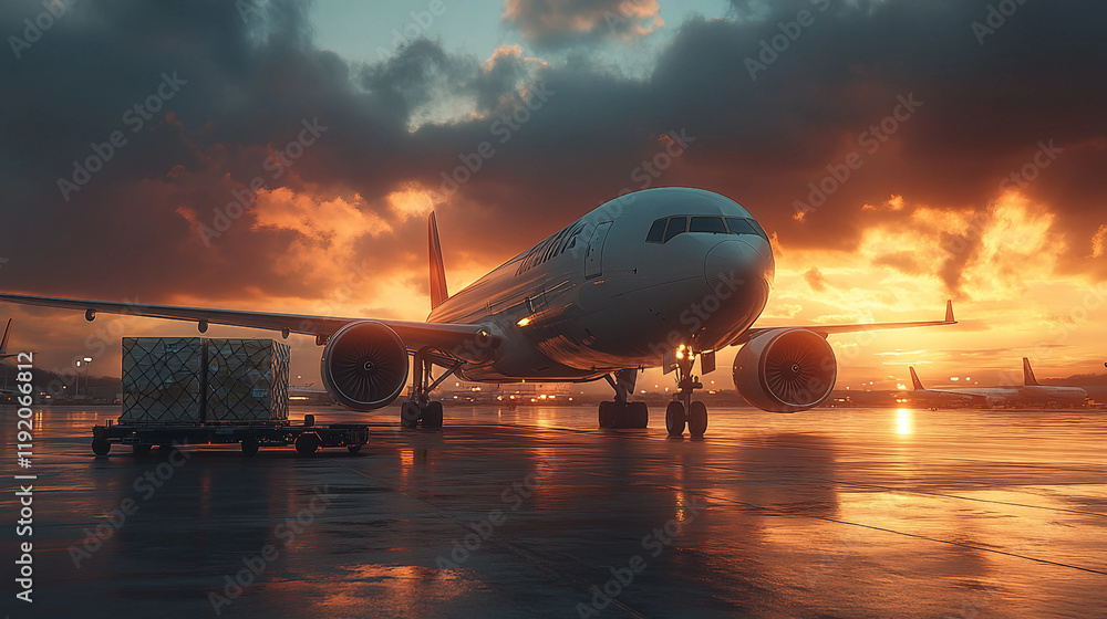 One loading cargo plane in an air freight logistics. Large shipping box, prominently positioned near the loading area as prepared for delivery One loading cargo plane in an air freight logistics. Large shipping box, prominently positioned near the loading area as prepared for delivery