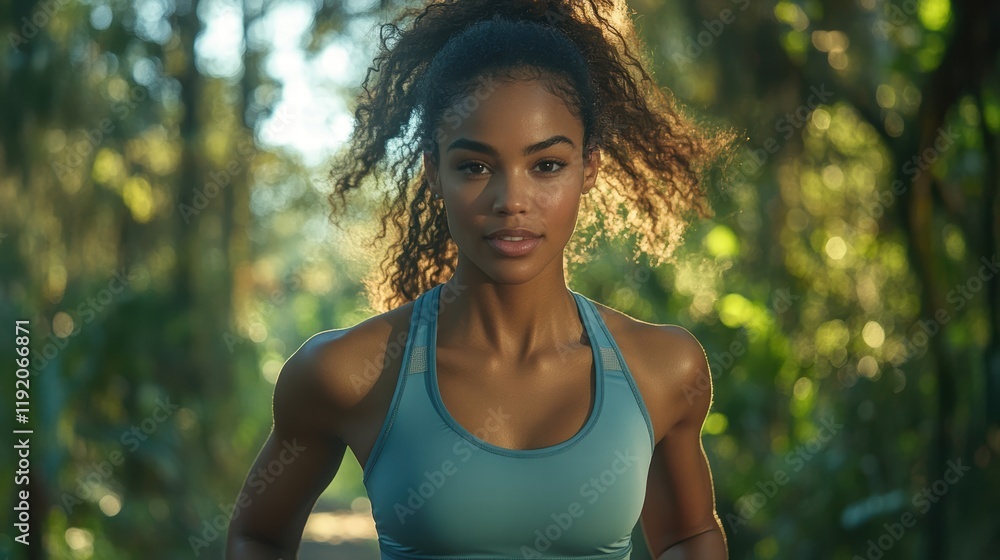 Woman in athletic gear, jogging in the park with a determined expression, surrounded by trees and natural light. Woman in athletic gear, jogging in the park with a determined expression, surrounded by trees and natural light.