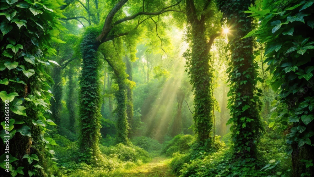 Fototapeta premium Lush green forest with vines and leaves, creating a vibrant and flourishing natural environment, lush, green, forest