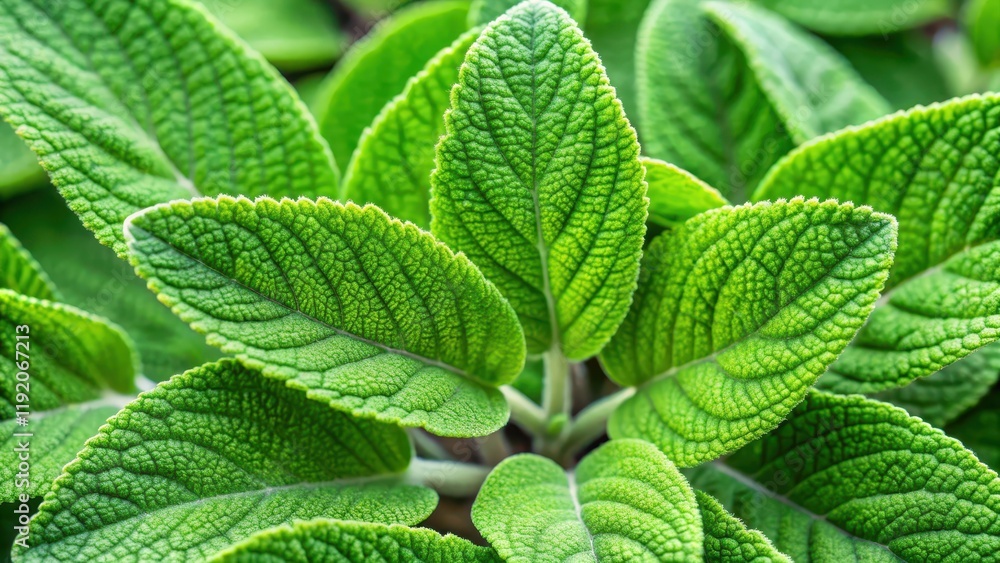 Close up of vibrant green clary sage leaves , botanical, natural, close-up, fresh, organic, herbal, plant, foliage, texture Close up of vibrant green clary sage leaves , botanical, natural, close-up, fresh, organic, herbal, plant, foliage, texture