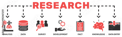 Research banner web icon vector illustration concept with icon of analysis, data, survey, development, fact, knowledge, data entry	
