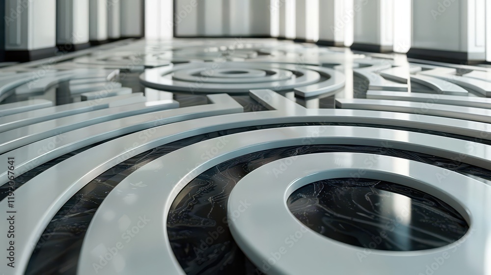 Obraz premium A modern interior featuring a circular patterned floor design in a spacious environment.