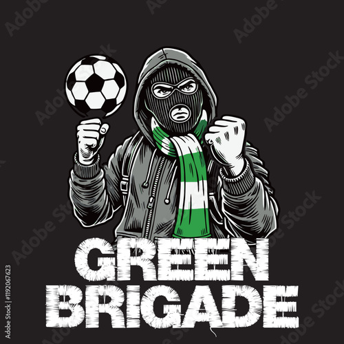 illustration vector graphic of Green Brigade Football fans ultras hooligan wear green jacket with green white scarf design for logo, t-shirt, etc
