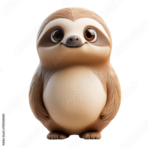 Cute Cartoon Sloth Character with Big Eyes and Smiling Expression Isolated on Transparent Background