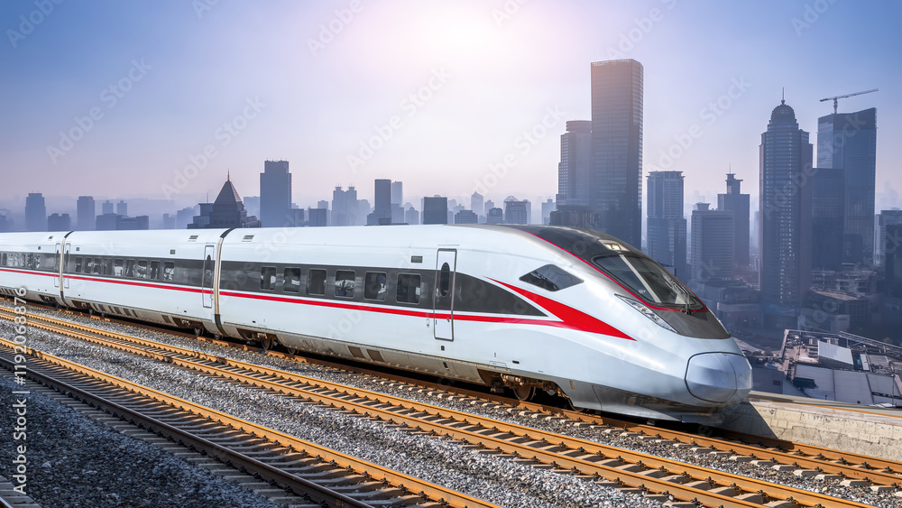 Naklejka premium Modern High-Speed Train Stationed Amidst Urban Skyline