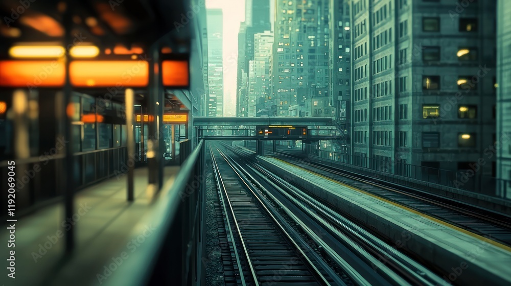 Fototapeta premium Urban Transit: Elevated Train Tracks in City Skyline