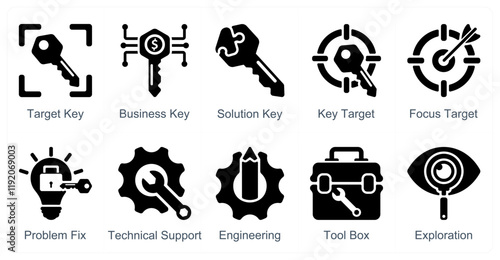 A set of 10 business icons as target key, business key, solution key
