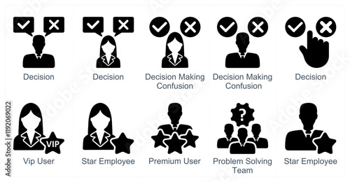 A set of 10 business icons as decision, decision making confusion, vip user