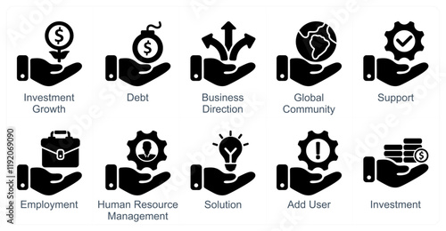 A set of 10 business icons as investment growth, debt, business direction