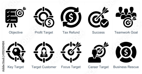 A set of 10 business icons as objective, profit target, tax refund