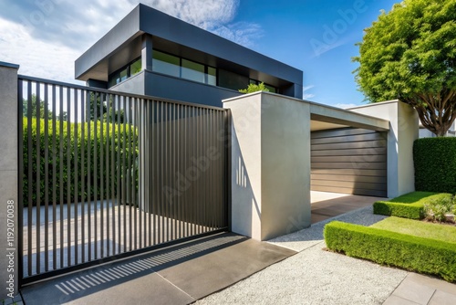 Modern home's steel gate: architectural photography captures its elegant grey design, a private portal. photo