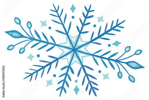 Watercolor snowflake, blue and turquoise gradient, delicate branches, hexagonal symmetry, winter motif, crystalline structure, icy tones, frosty design, hand-painted effect, transparent layers, whimsi