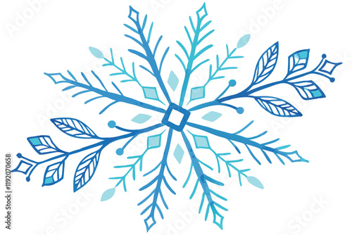 Watercolor snowflake, blue and turquoise gradient, delicate branches, hexagonal symmetry, winter motif, crystalline structure, icy tones, frosty design, hand-painted effect, transparent layers, whimsi