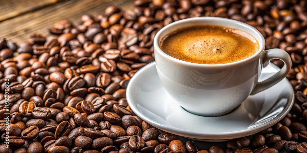 Fototapeta premium Close-up of rich and aromatic coffee filling up a white ceramic cup , steam, drink, beverage, morning, cafe, espresso, latte
