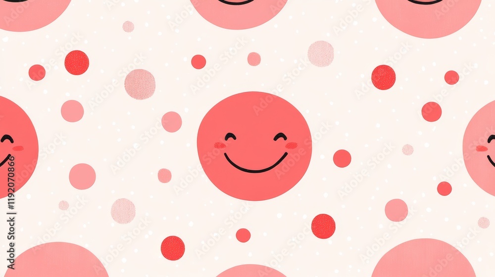 charming pink smiley pattern, organic circular elements, coral red smile lines, scattered polka dot details, joyful minimalist aesthetic, modern nursery style, seamless textile design, pastel color charming pink smiley pattern, organic circular elements, coral red smile lines, scattered polka dot details, joyful minimalist aesthetic, modern nursery style, seamless textile design, pastel color