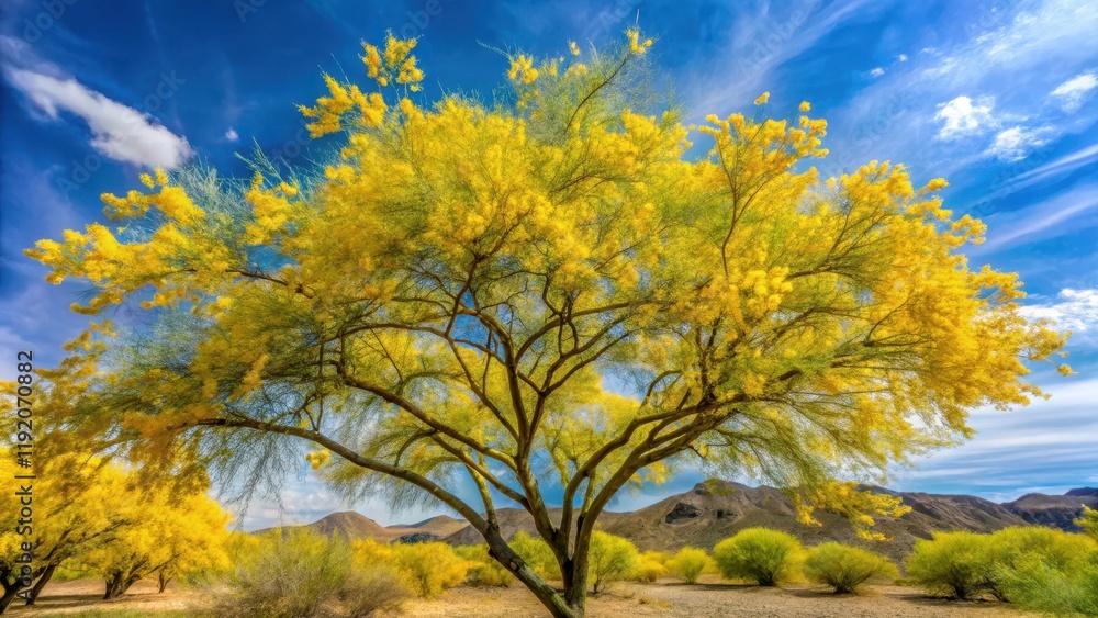 Vibrant yellow flowers blooming on a palo verde tree in the spring desert , palo verde, tree, desert, spring Vibrant yellow flowers blooming on a palo verde tree in the spring desert , palo verde, tree, desert, spring