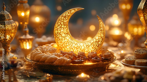 Illustration - Golden Crescent Moon, Sweets, and Festive Lanterns photo