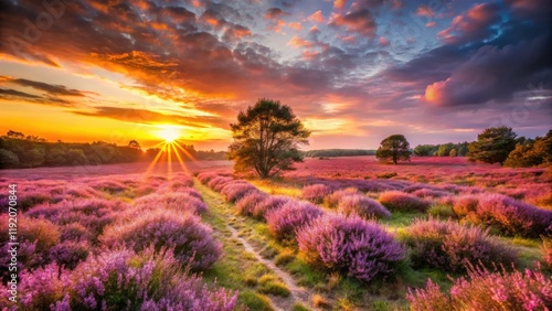 Netherlands' Ginkel Heath: minimalist sunset hues illuminate blooming heather. photo