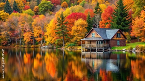 Wallpaper Mural Cozy autumn cottage by the lake with vibrant fall foliage in the background, cottage, lake, autumn, fall, vibrant, foliage Torontodigital.ca